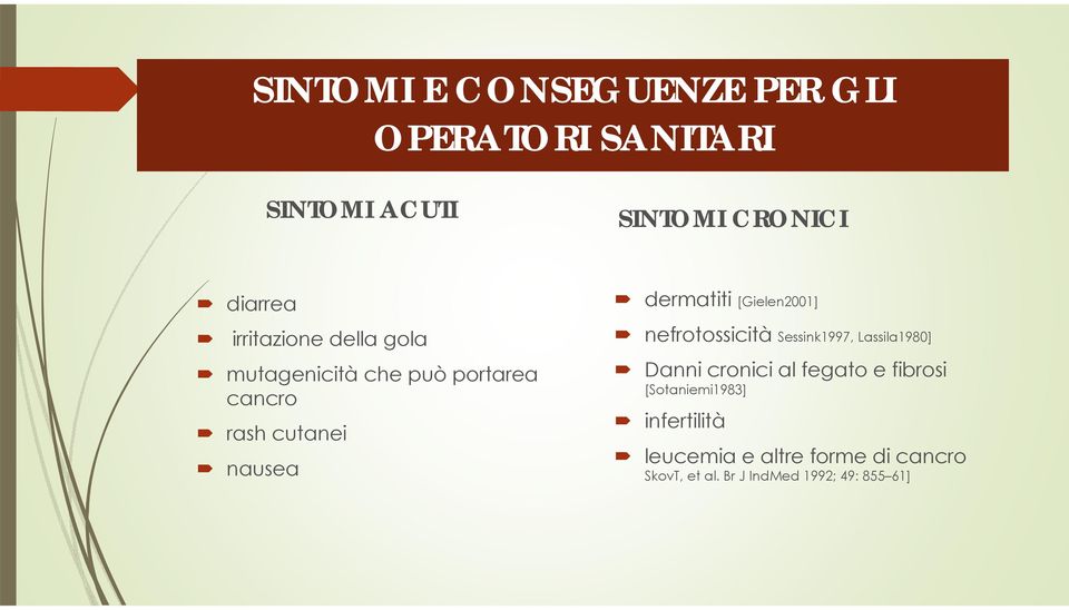 [Gielen2001] nefrotossicità Sessink1997, Lassila1980] Danni cronici al fegato e fibrosi