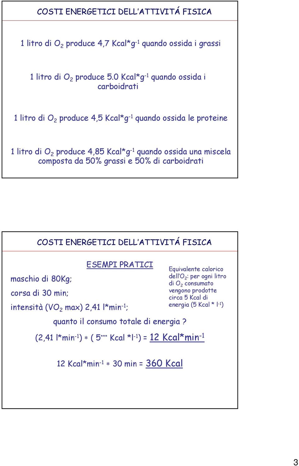 composta da 50% grassi e 50% di carboidrati COSTI ENERGETICI DELL ATTIVITÁ FISICA maschio di 80Kg; corsa di 30 min; ESEMPI PRATICI intensità (VO 2 max) 2,41 l*min -1