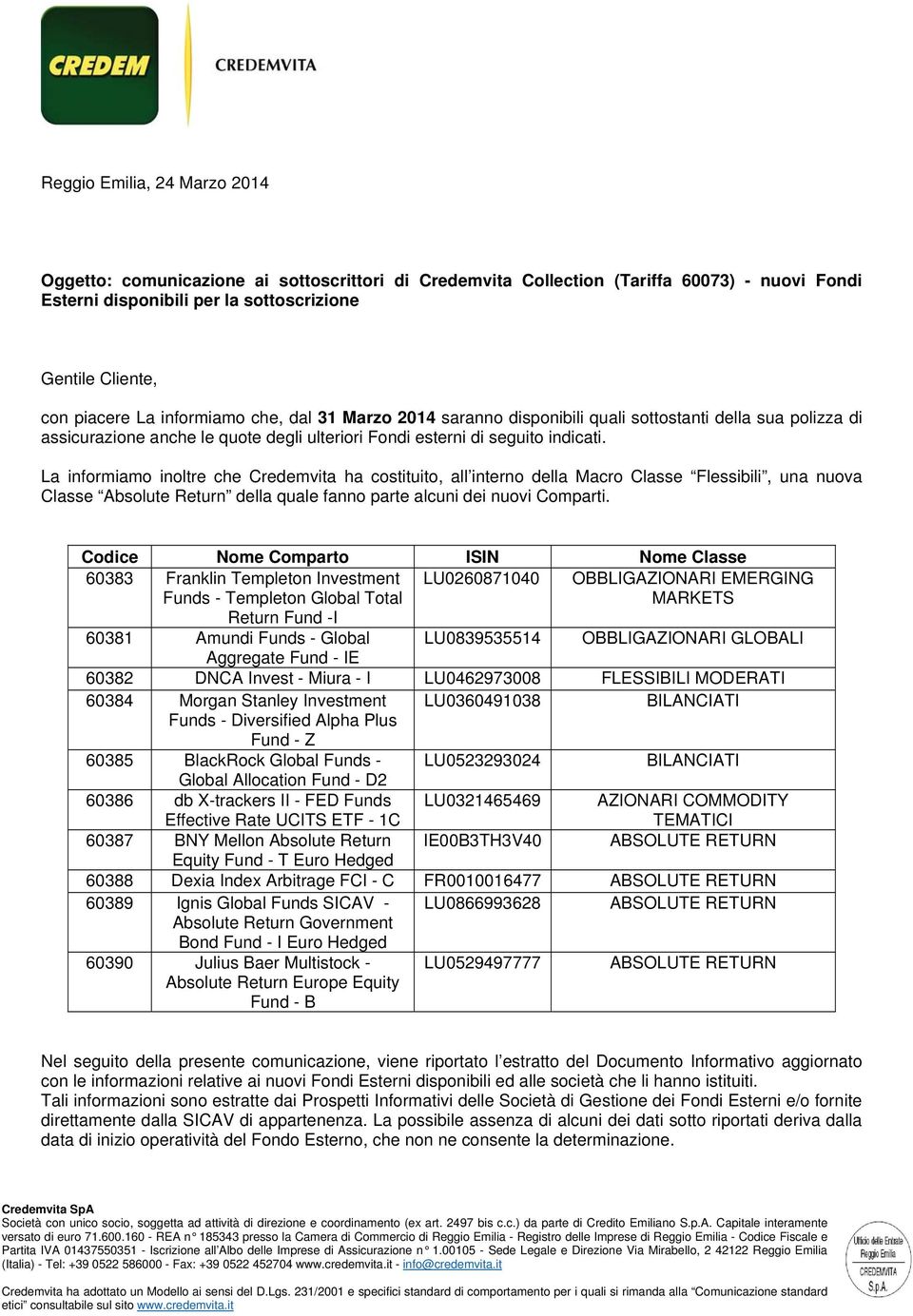 La infrmiam inltre che Credemvita ha cstituit, all intern la Macr Classe Flessibili, una nuva Classe Abslute Return la quale fann parte alcuni dei nuvi Cmparti.