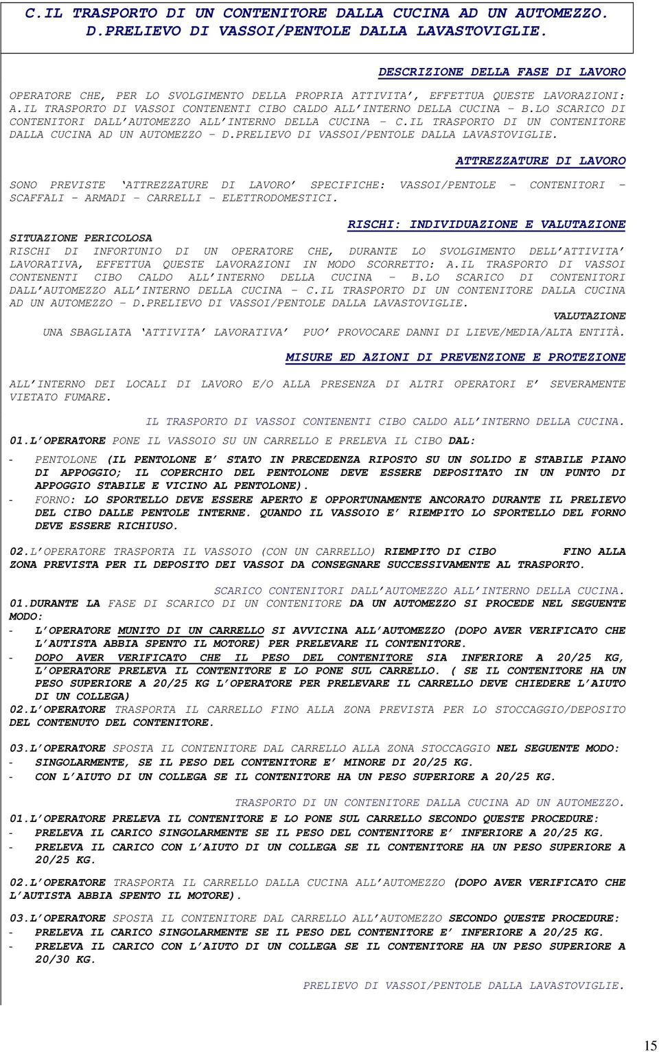 LO SCARICO DI CONTENITORI DALL AUTOMEZZO ALL INTERNO DELLA CUCINA - C.IL TRASPORTO DI UN CONTENITORE DALLA CUCINA AD UN AUTOMEZZO - D.PRELIEVO DI VASSOI/PENTOLE DALLA LAVASTOVIGLIE.