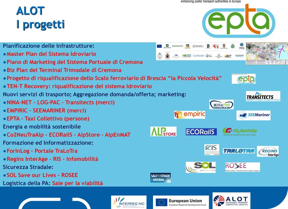 domanda/offerta; marketing: NINA-NET - LOG-PAC Transitects (merci) EMPIRIC SEEMARINER (merci) EPTA Taxi Collettivo (persone) Energia e mobilità sostenibile Co2NeuTraAlp ECORailS -