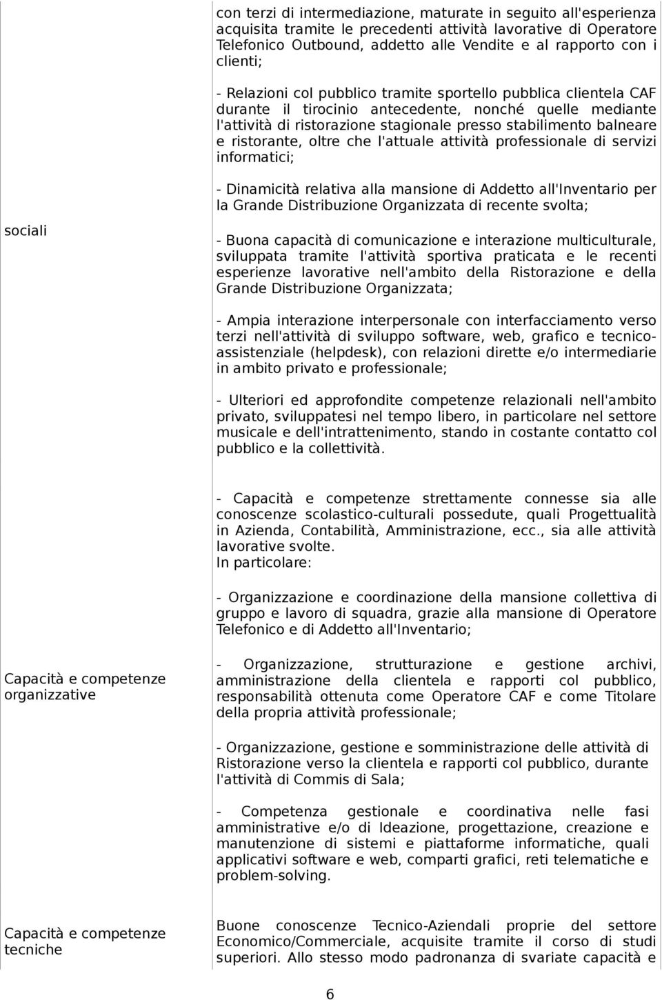 attività prfessinale di servizi infrmatici; - Dinamicità relativa alla mansine di Addett all'inventari per la Grande Distribuzine Organizzata di recente svlta; sciali - Buna capacità di cmunicazine e