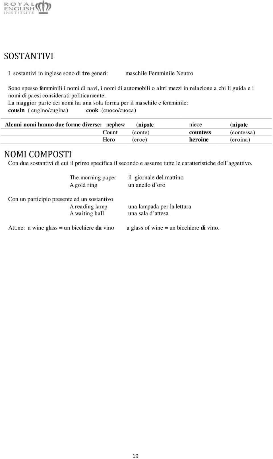 La maggior parte dei nomi ha una sola forma per il maschile e femminile: cousin ( cugino/cugina) cook (cuoco/cuoca) Alcuni nomi hanno due forme diverse: nephew (nipote niece (nipote Count (conte)