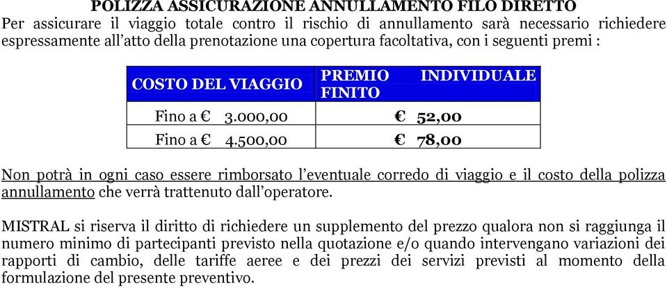 500,00 78,00 INDIVIDUALE Non potrà in ogni caso essere rimborsato l eventuale corredo di viaggio e il costo della polizza annullamento che verrà trattenuto dall operatore.