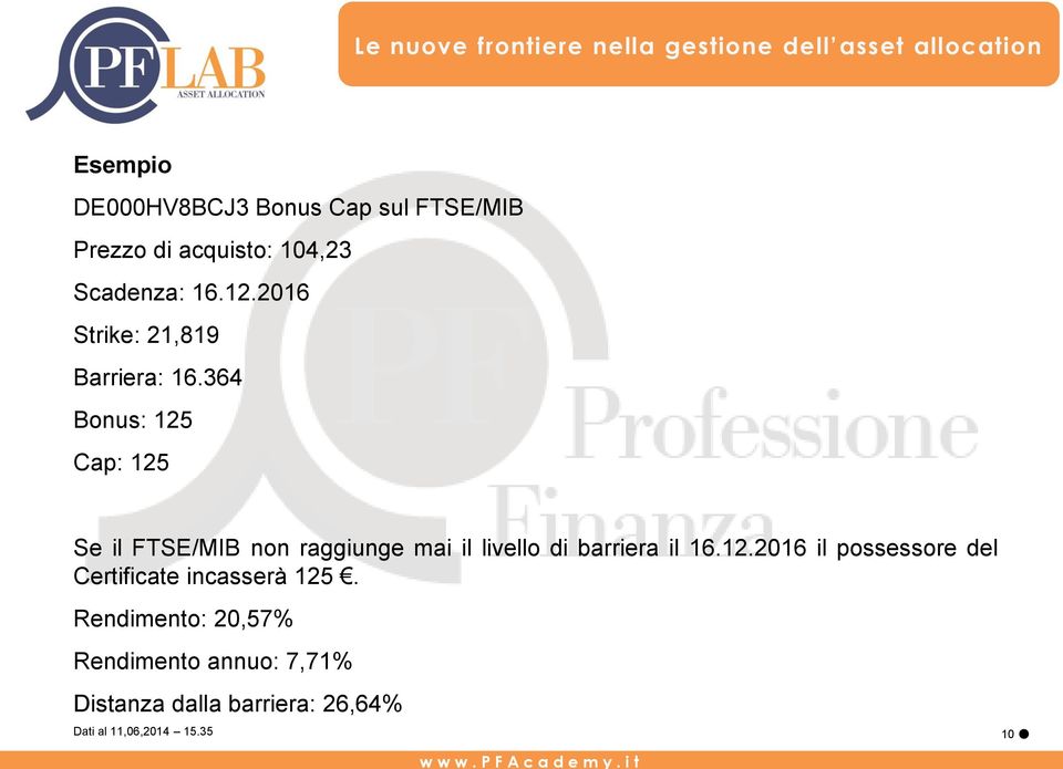 364 Bonus: 125 Cap: 125 Se il FTSE/MIB non raggiunge mai il livello di barriera il 16.12.2016 il possessore del Certificate incasserà 125.