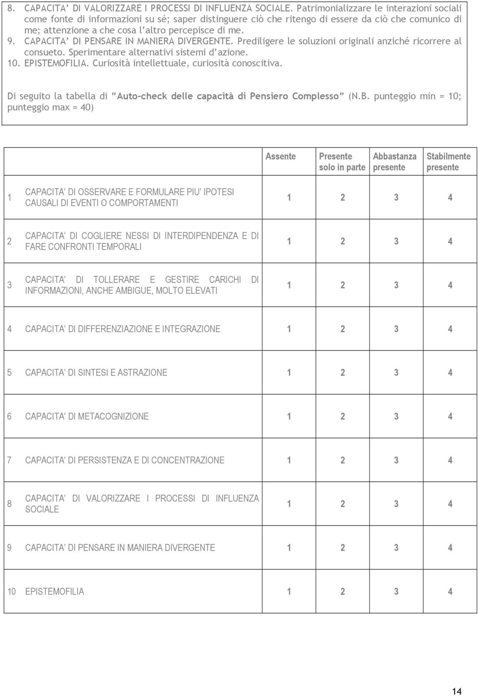 CAPACITA DI PENSARE IN MANIERA DIVERGENTE. Prediligere le soluzioni originali anziché ricorrere al consueto. Sperimentare alternativi sistemi d azione. 10. EPISTEMOFILIA.