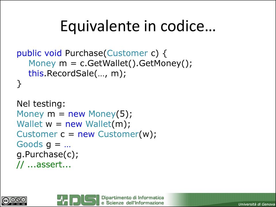 recordsale(, m); } Nel testing: Money m = new Money(5); Wallet