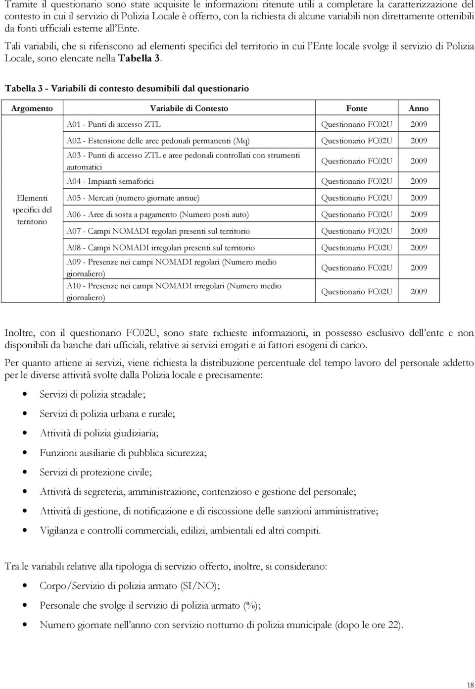 Tali variabili, che si riferiscono ad elementi specifici del territorio in cui l Ente locale svolge il servizio di Polizia Locale, sono elencate nella Tabella 3.