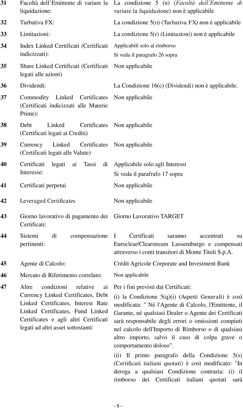 Applicabili solo al rimborso Si veda il paragrafo 26 sopra 36 Dividendi: La Condizione 16(c) (Dividendi) non è applicabile.