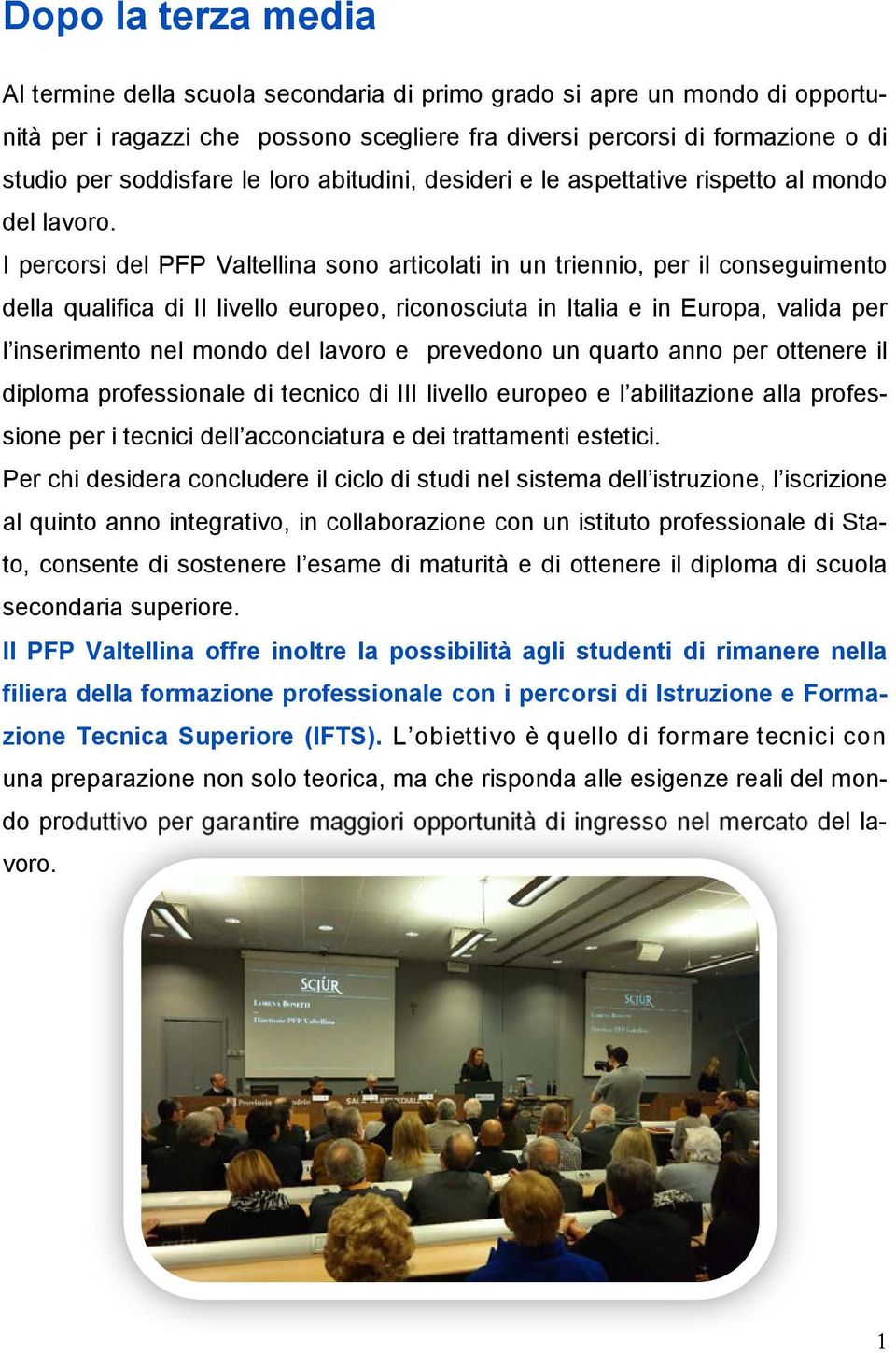 I percorsi del PFP Valtellina sono articolati in un triennio, per il conseguimento della qualifica di II livello europeo, riconosciuta in Italia e in Europa, valida per l inserimento nel mondo del