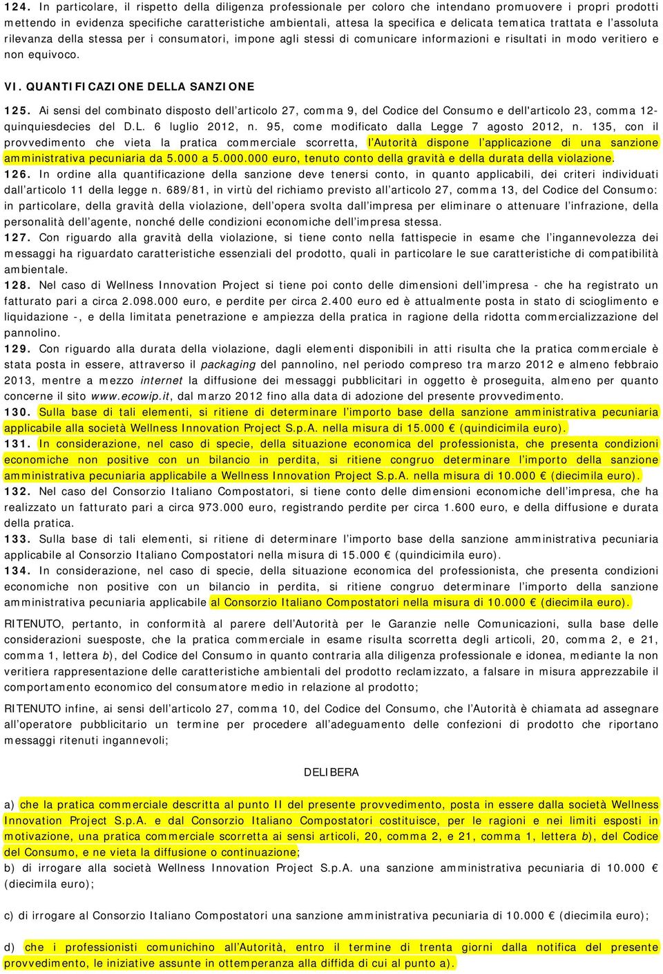 QUANTIFICAZIONE DELLA SANZIONE 125. Ai sensi del combinato disposto dell articolo 27, comma 9, del Codice del Consumo e dell'articolo 23, comma 12- quinquiesdecies del D.L. 6 luglio 2012, n.