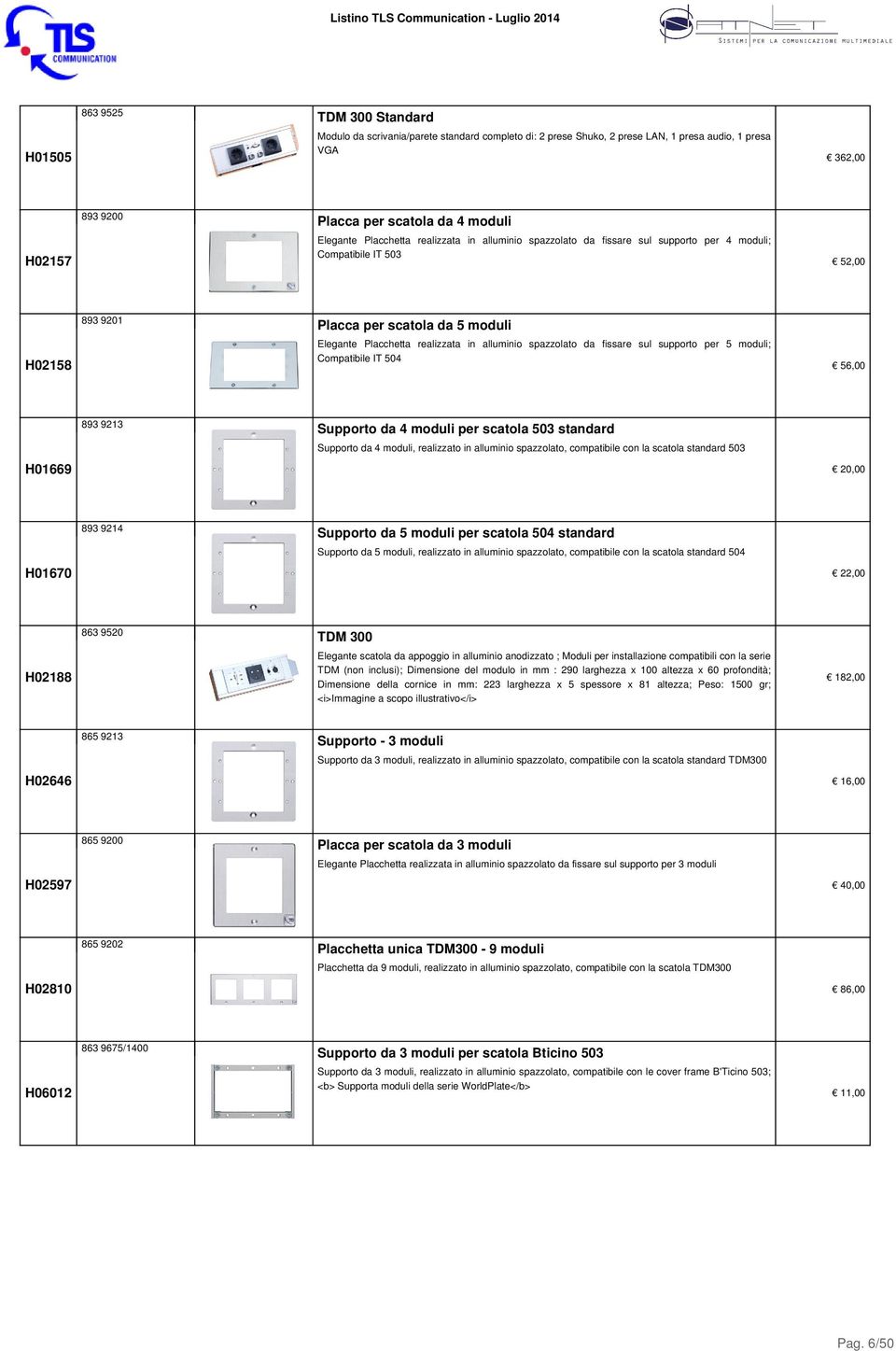 spazzolato da fissare sul supporto per 5 moduli; Compatibile IT 504 H02158 362,00 56,00 Supporto da 4 moduli per scatola 503 standard Supporto da 4 moduli, realizzato in alluminio spazzolato,