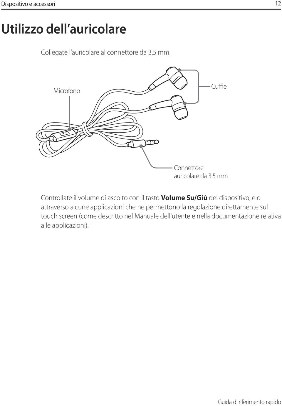 5 mm Controllate il volume di ascolto con il tasto Volume Su/Giù del dispositivo, e o attraverso alcune