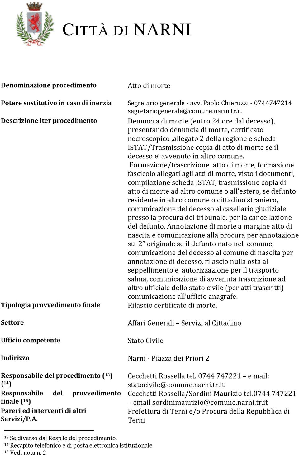 it Denunci a di morte (entro 24 ore dal decesso), presentando denuncia di morte, certificato necroscopico,allegato 2 della regione e scheda ISTAT/Trasmissione copia di atto di morte se il decesso e