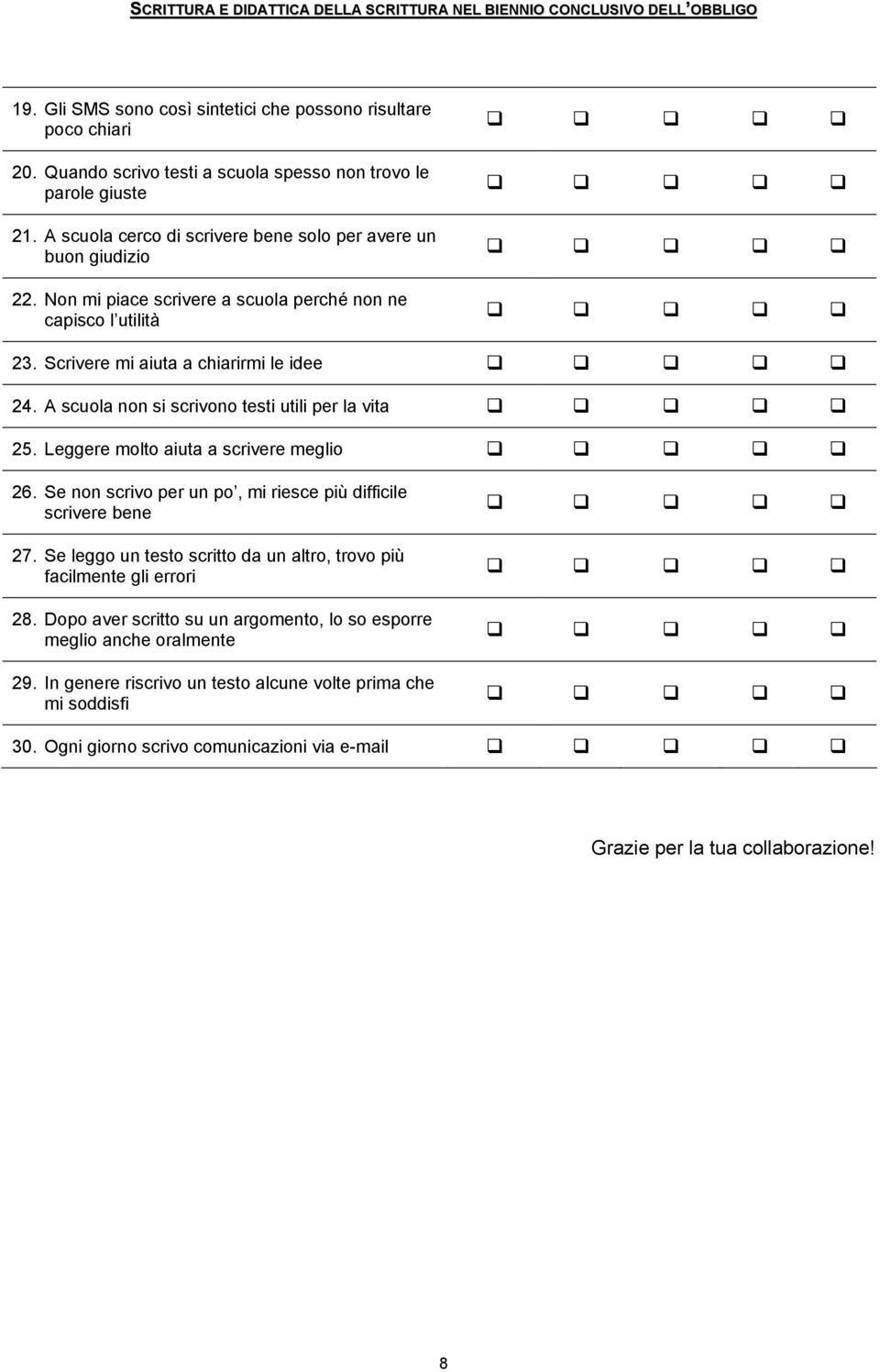 Non mi piace scrivere a scuola perché non ne capisco l utilità 23. Scrivere mi aiuta a chiarirmi le idee 24. A scuola non si scrivono testi utili per la vita 25.