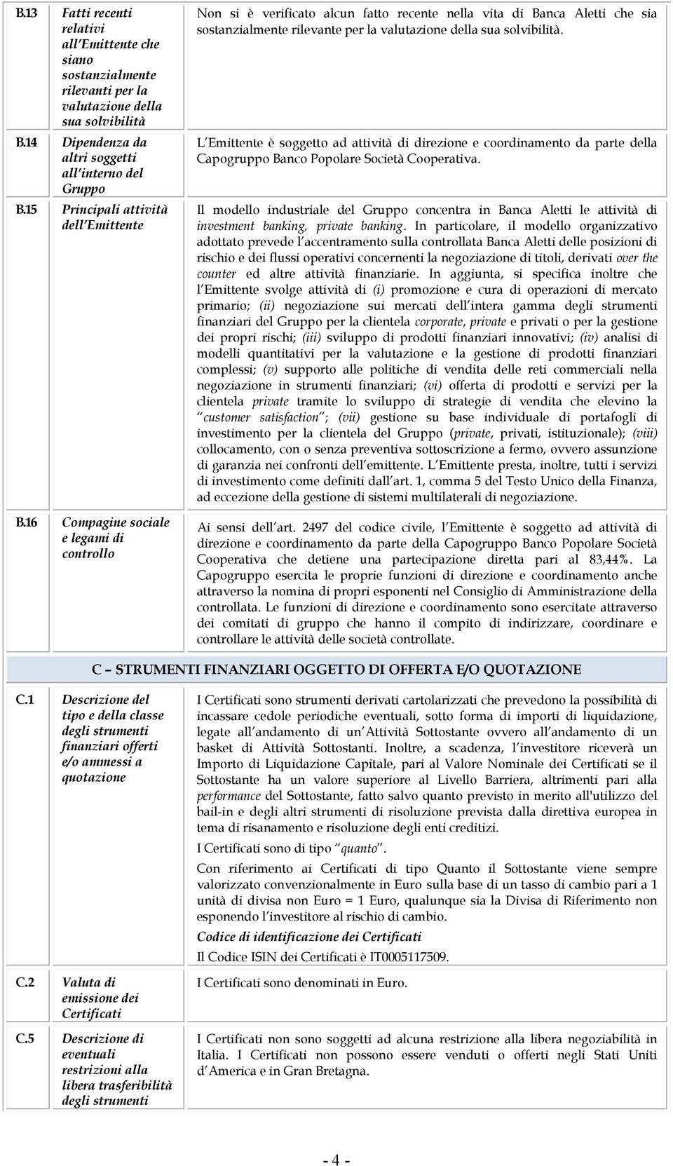 16 Compagine sociale e legami di controllo Non si è verificato alcun fatto recente nella vita di Banca Aletti che sia sostanzialmente rilevante per la valutazione della sua solvibilità.