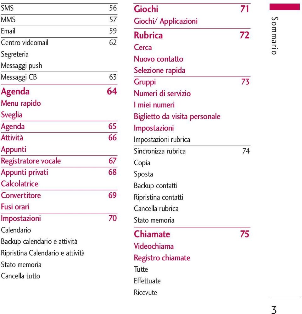 71 Giochi/ Applicazioni Rubrica 72 Cerca Nuovo contatto Selezione rapida Gruppi 73 Numeri di servizio I miei numeri Biglietto da visita personale Impostazioni Impostazioni