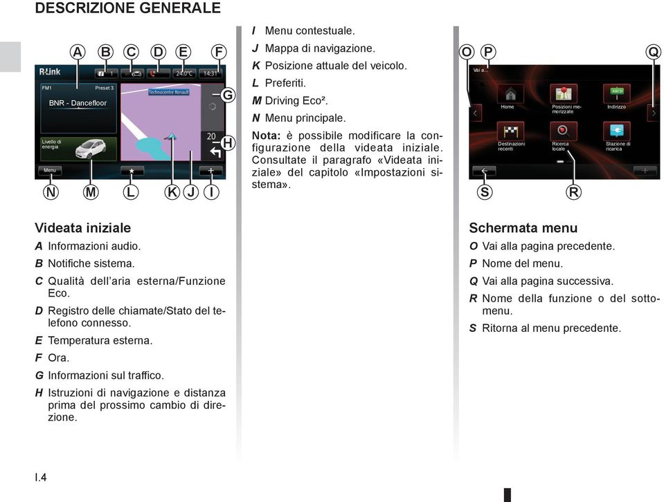 Consultate il paragrafo «Videata iniziale» del capitolo «Impostazioni sistema». S Destinazioni recenti Ricerca locale R Stazione di ricarica Videata iniziale A Informazioni audio. B Notifiche sistema.