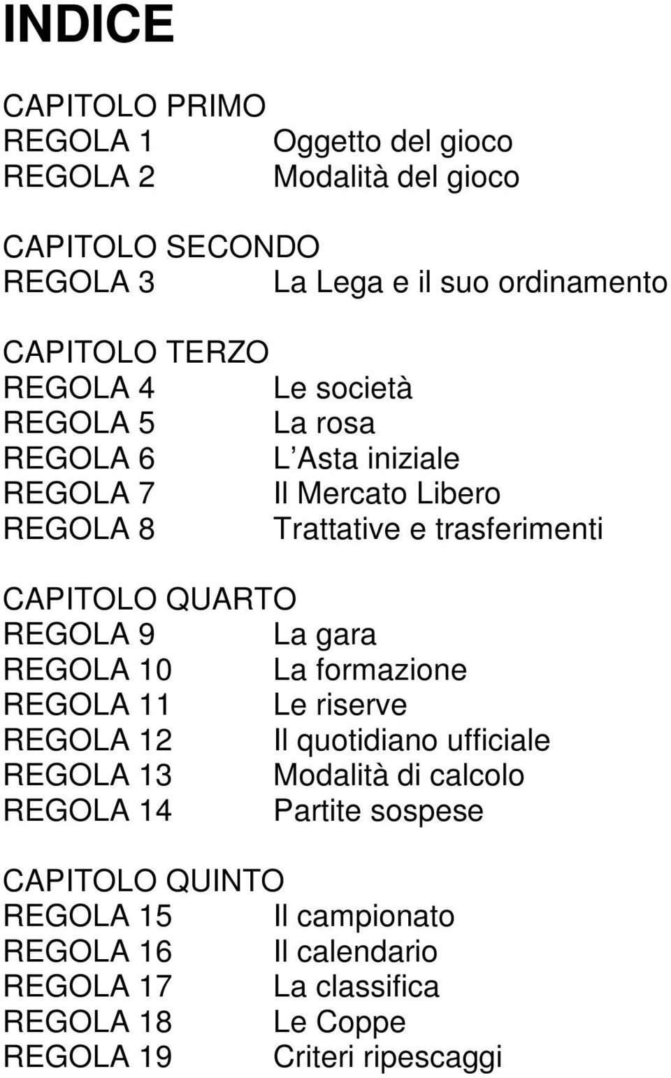 QUARTO REGOLA 9 La gara REGOLA 10 La formazione REGOLA 11 Le riserve REGOLA 12 Il quotidiano ufficiale REGOLA 13 Modalità di calcolo REGOLA 14