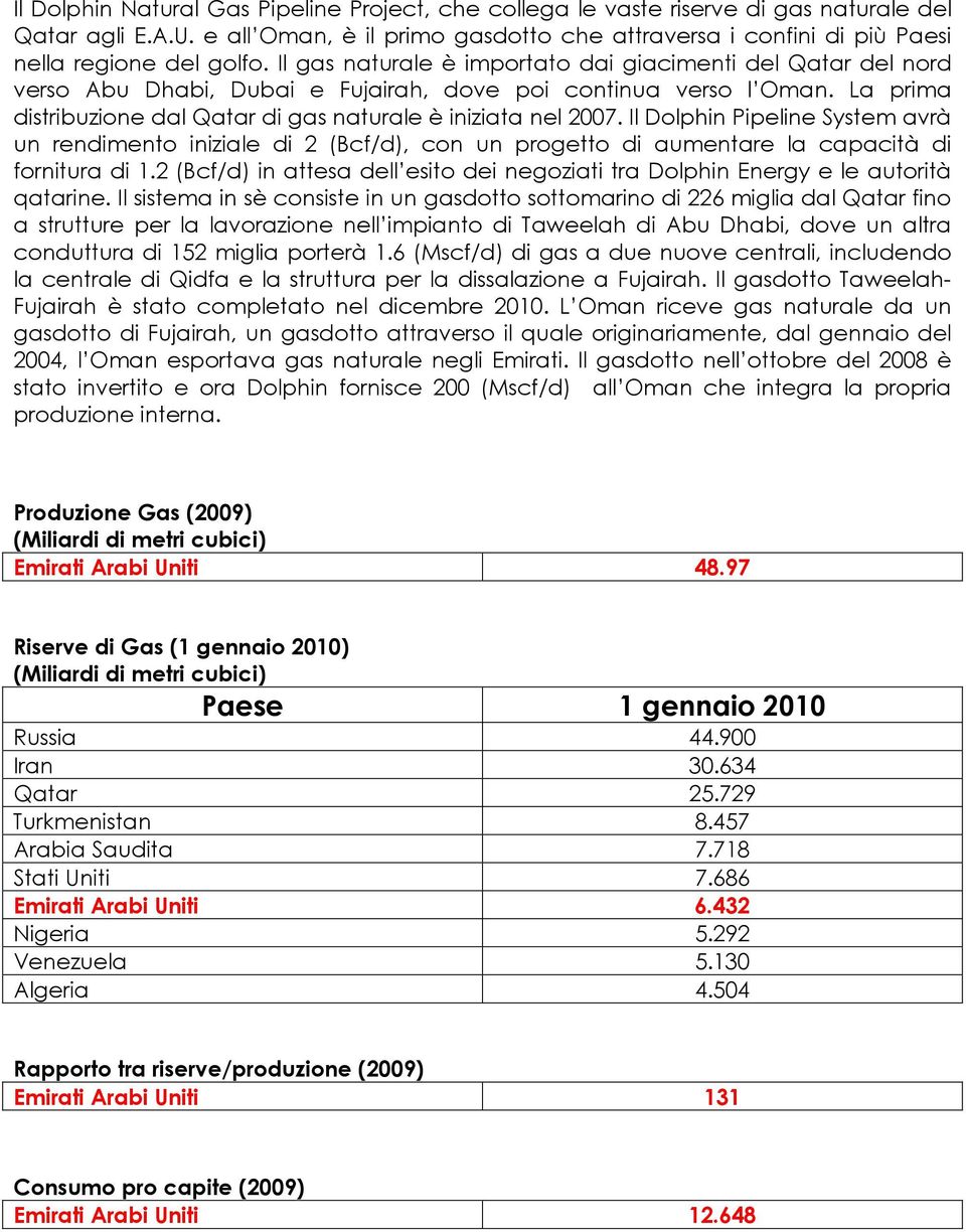 Il gas naturale è importato dai giacimenti del Qatar del nord verso Abu Dhabi, Dubai e Fujairah, dove poi continua verso l Oman. La prima distribuzione dal Qatar di gas naturale è iniziata nel 2007.