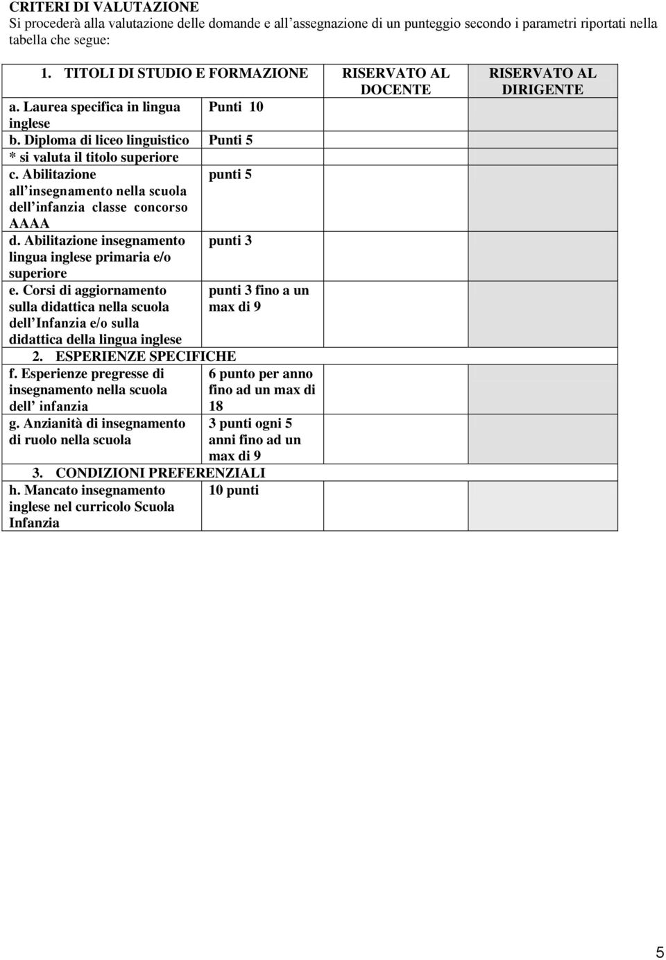 Abilitazione punti 5 all insegnamento nella scuola dell infanzia classe concorso AAAA d. Abilitazione insegnamento punti 3 lingua inglese primaria e/o e.