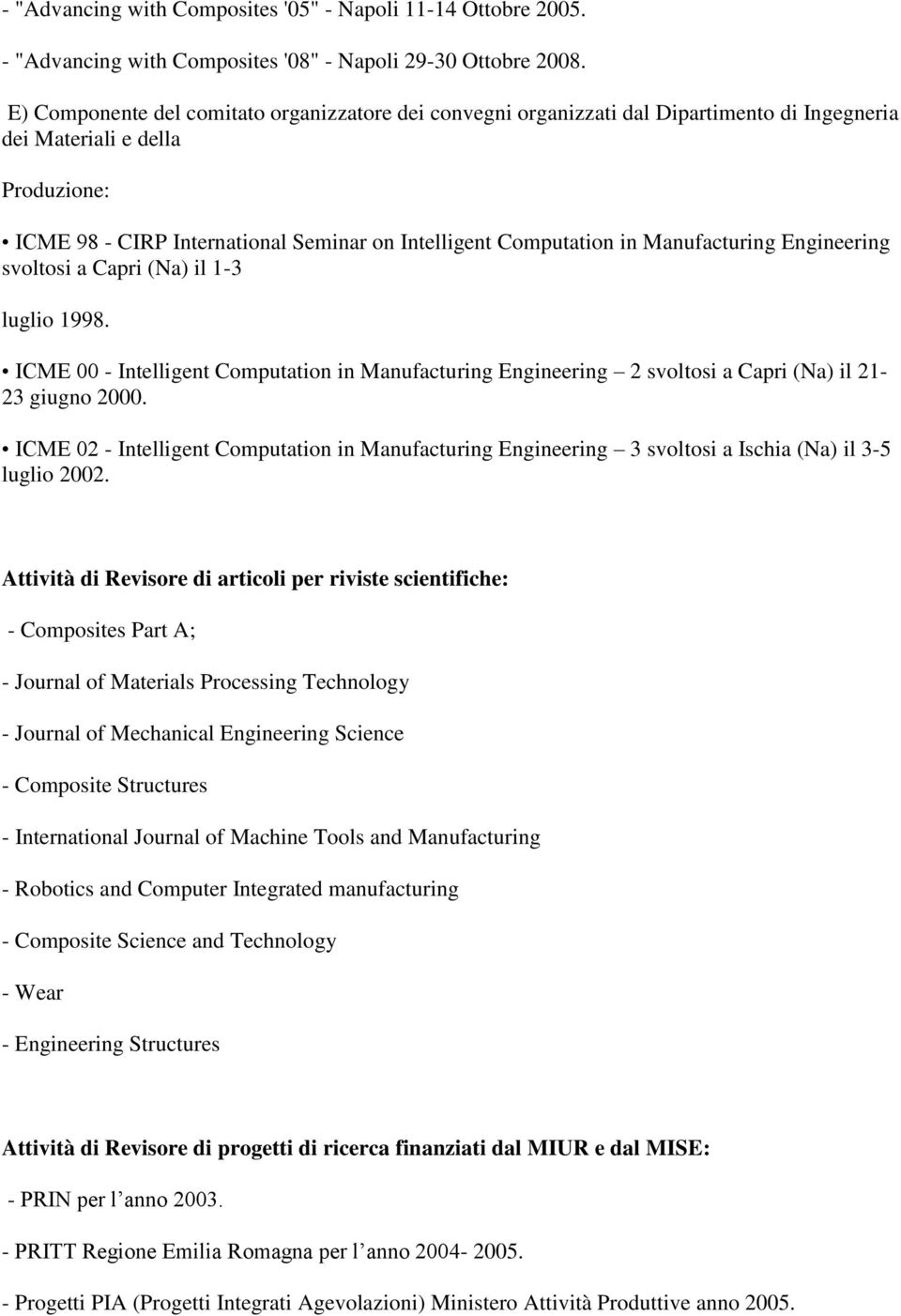 Manufacturing Engineering svoltosi a Capri (Na) il 1-3 luglio 1998. ICME 00 - Intelligent Computation in Manufacturing Engineering 2 svoltosi a Capri (Na) il 21-23 giugno 2000.