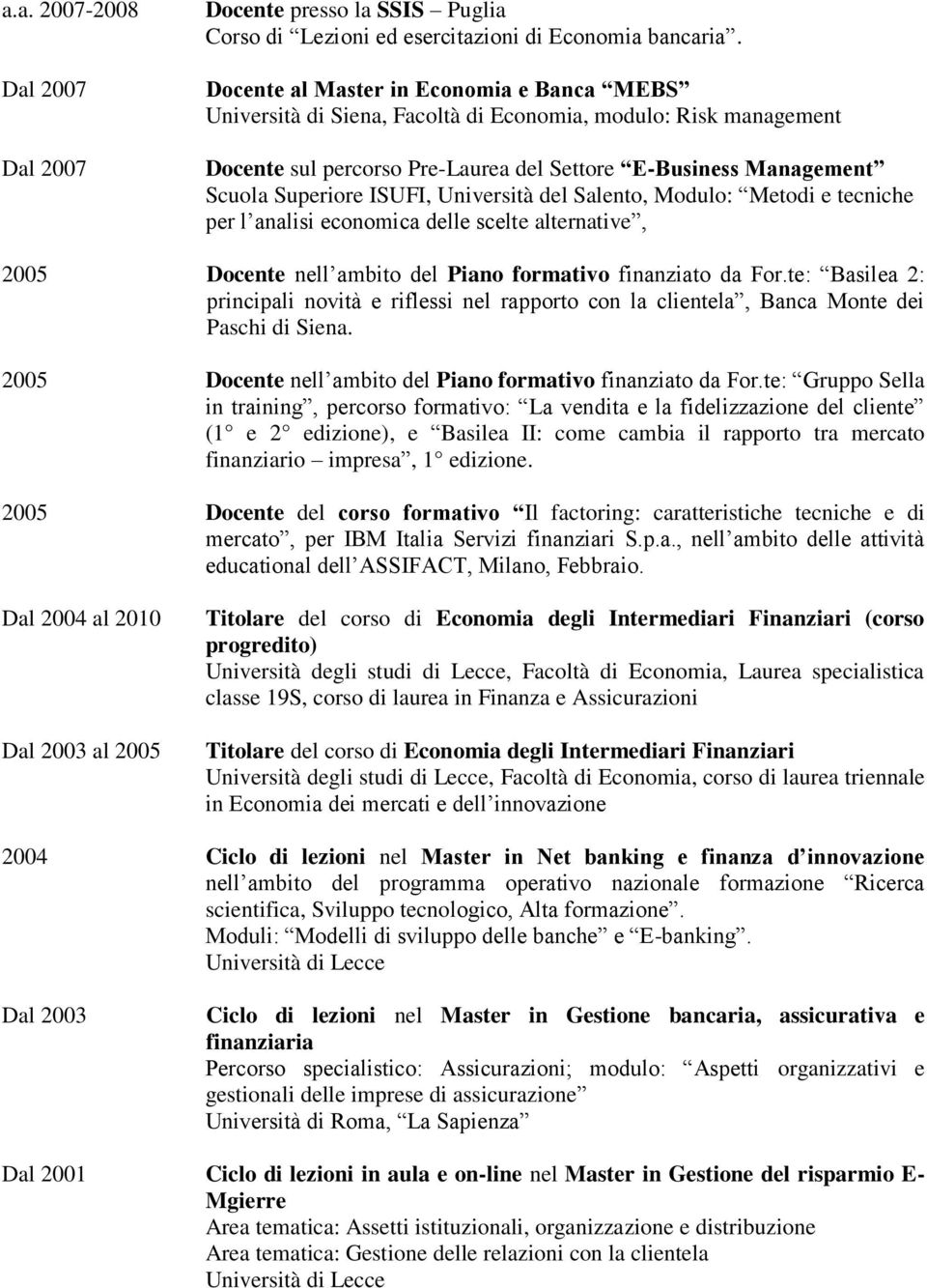 Università del Salento, Modulo: Metodi e tecniche per l analisi economica delle scelte alternative, 2005 Docente nell ambito del Piano formativo finanziato da For.