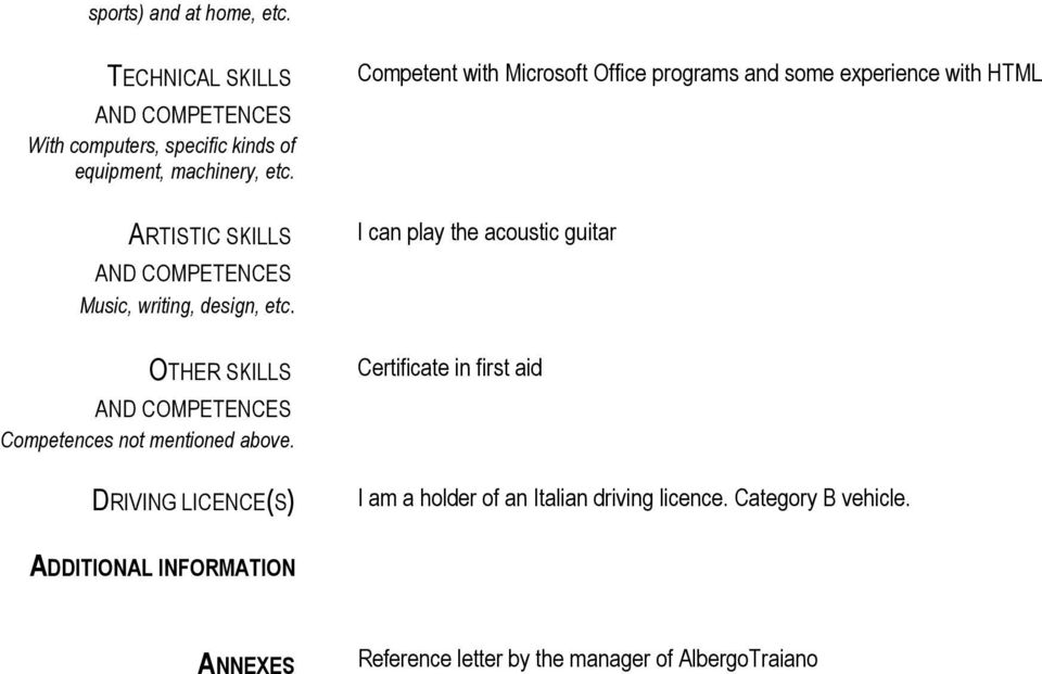 DRIVING LICENCE(S) Competent with Microsoft Office programs and some experience with HTML I can play the acoustic guitar