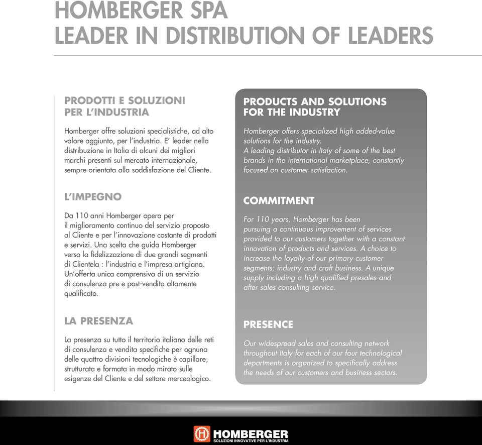 PRODUCTS AND SOLUTIONS FOR THE INDUSTRY Homberger offers specialized high added-value solutions for the industry.