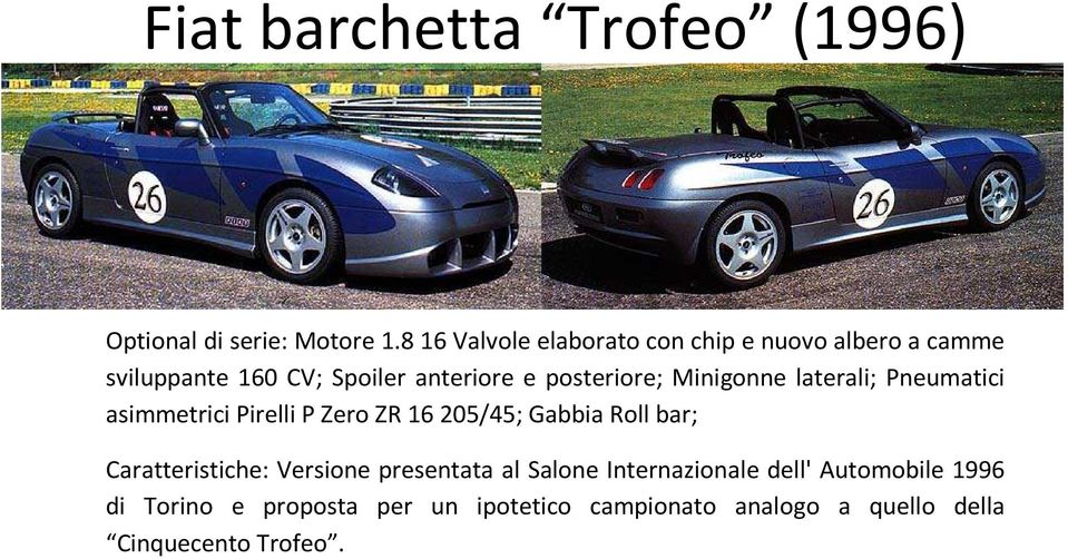 Minigonne laterali; Pneumatici asimmetrici Pirelli P Zero ZR 16 205/45; Gabbia Roll bar; Caratteristiche: