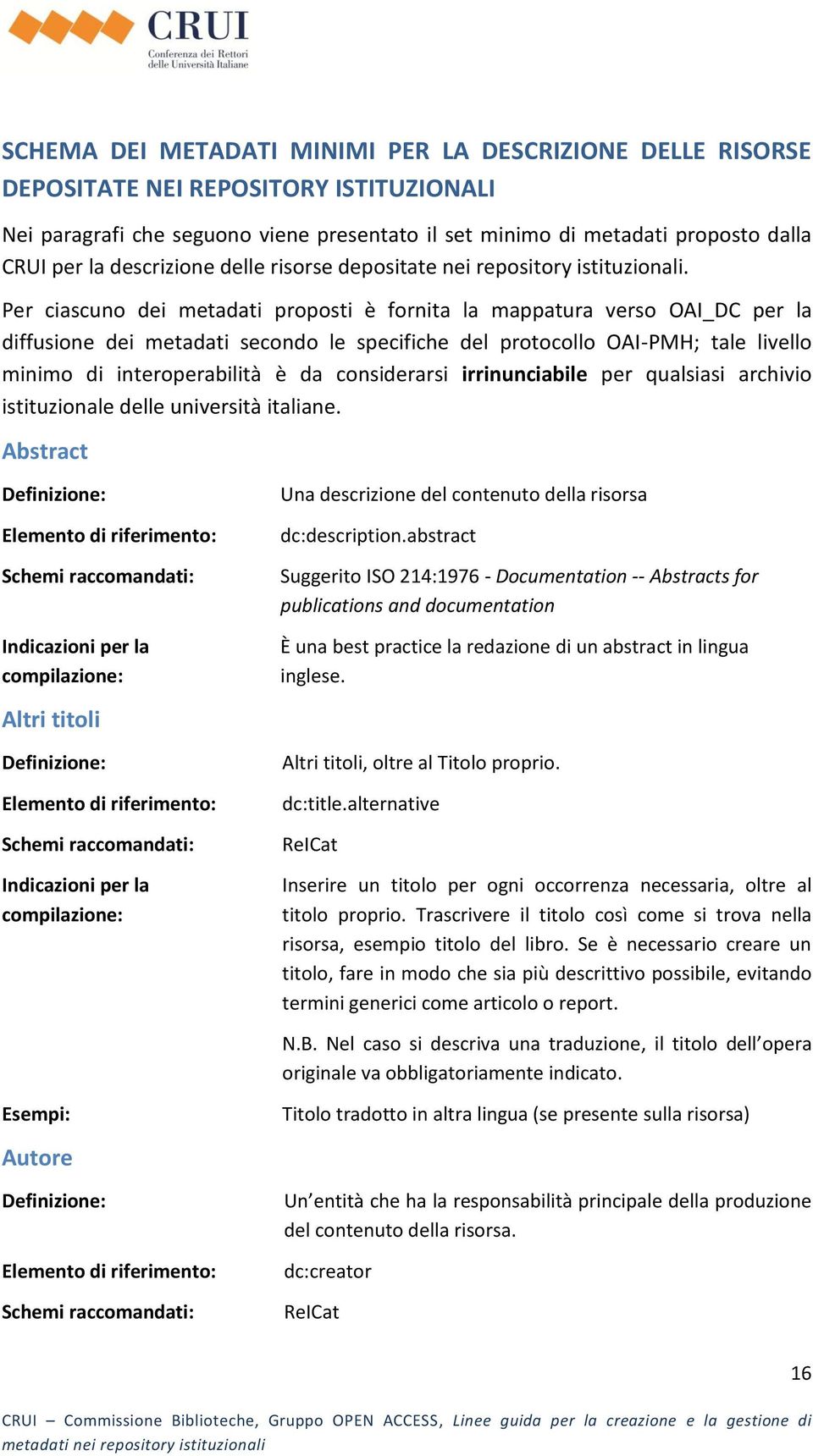 Per ciscuno dei metdti proposti è fornit l mpptur verso AI_DC per l diffusione dei metdti secondo le specifiche del protocollo AI-PMH; tle livello minimo di interoperbilità è d considerrsi