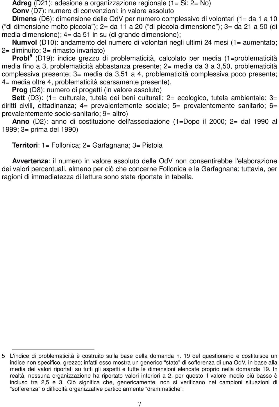 volontari negli ultimi 24 mesi (1= aumentato; 2= diminuito; 3= rimasto invariato) Probl 5 (D19): indice grezzo di problematicità, calcolato per media (1=problematicità media fino a 3, problematicità