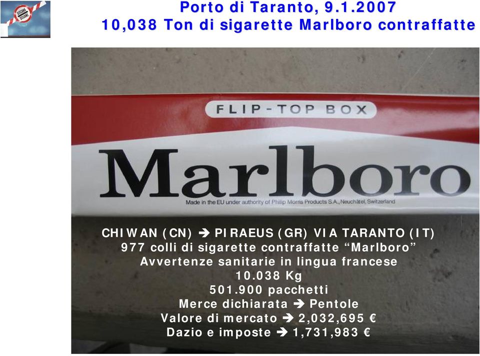 VIA TARANTO (IT) 977 colli di sigarette contraffatte Marlboro Avvertenze