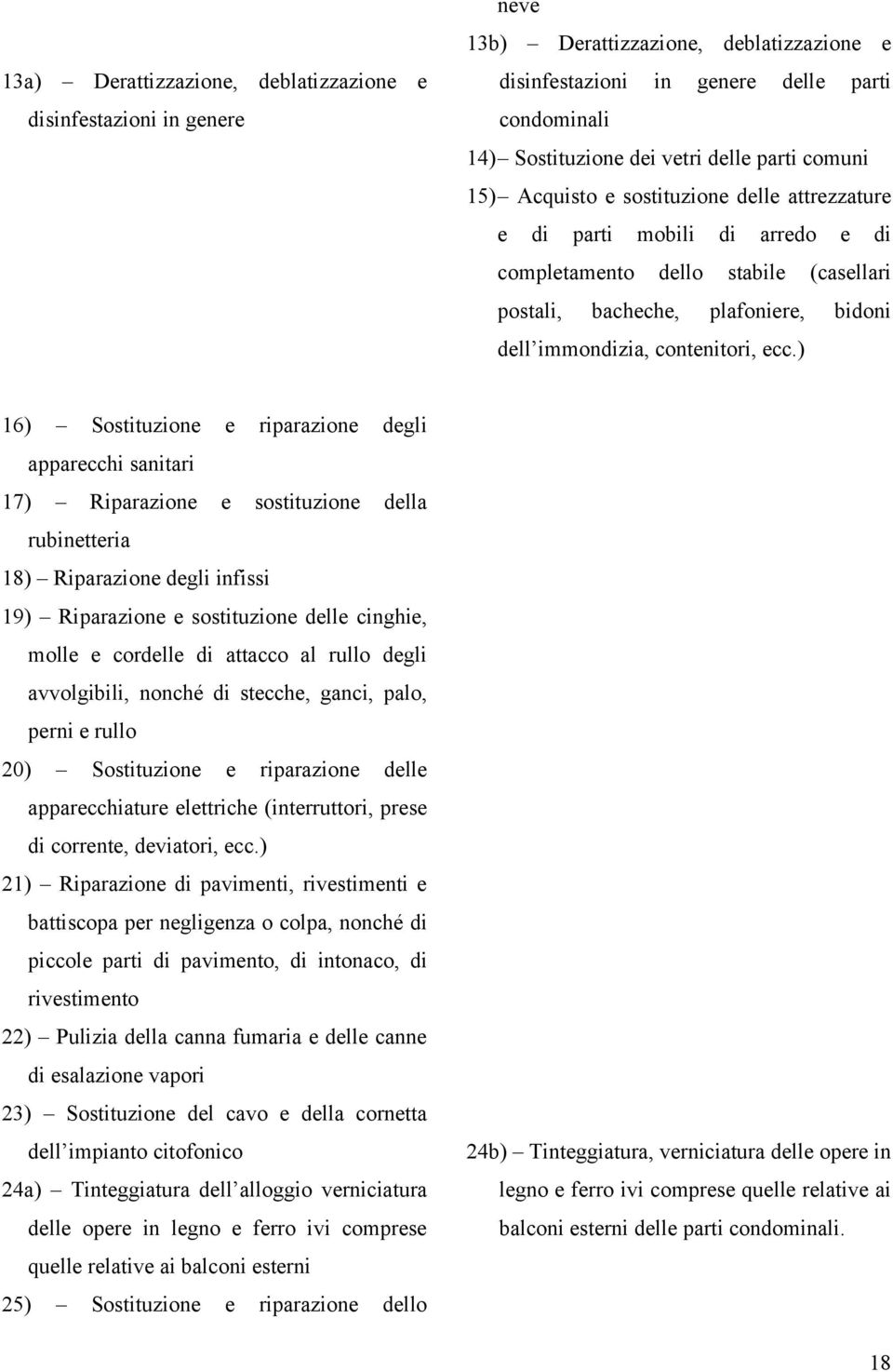 ) 16) Sostituzione e riparazione degli apparecchi sanitari 17) Riparazione e sostituzione della rubinetteria 18) Riparazione degli infissi 19) Riparazione e sostituzione delle cinghie, molle e