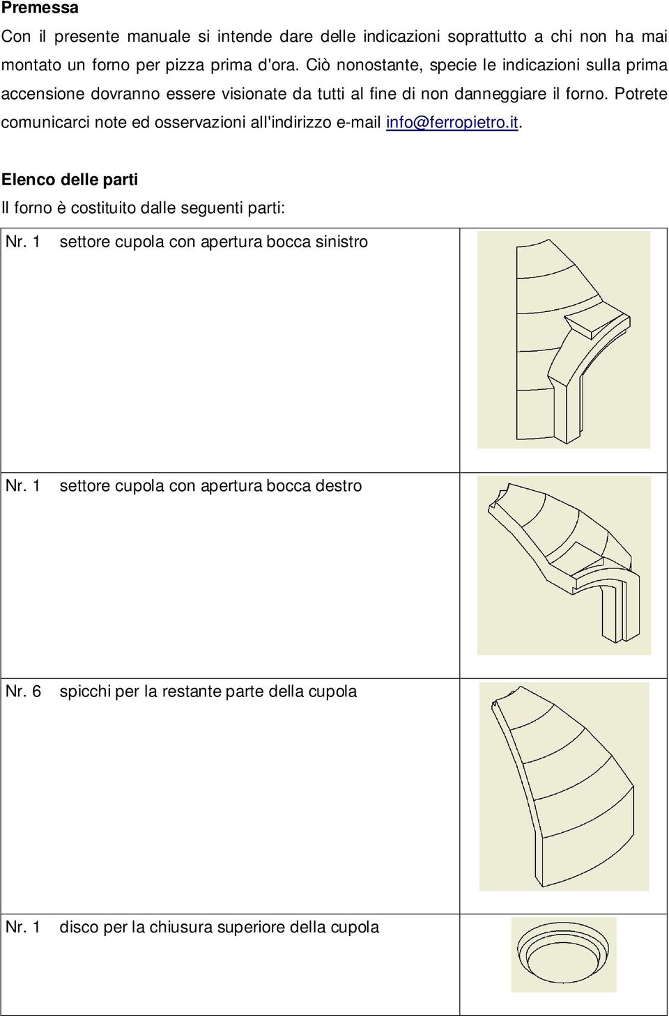 Potrete comunicarci note ed osservazioni all'indirizzo e-mail info@ferropietro.it. Elenco delle parti Il forno è costituito dalle seguenti parti: Nr.