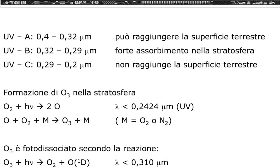 Formazione di O 3 nella stratosfera O 2 + hν 2 O λ < 0,2424 μm (UV) O + O 2 + M O 3 + M
