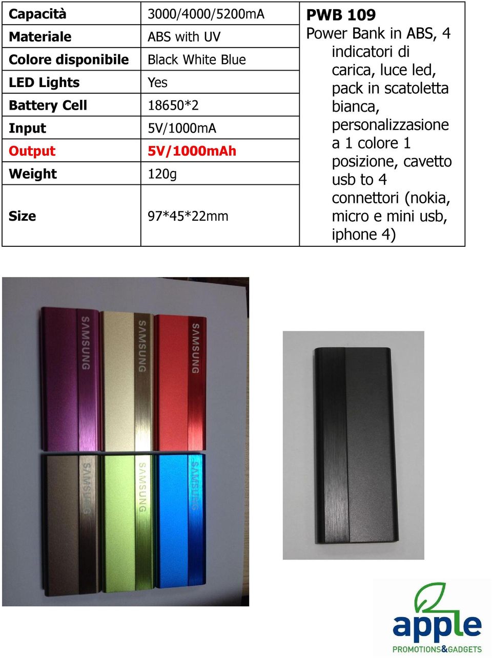 Battery Cell 18650*2 bianca, Input 5V/1000mA personalizzasione a 1 colore 1 Output 5V/1000mAh