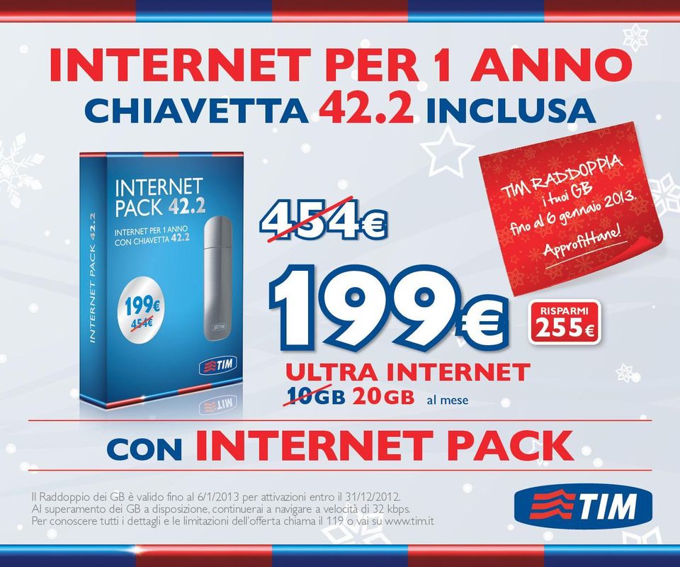 Raddoppio dei GB è valido fino al 6/1/2013 per attivazioni entro il 31/12/2012.