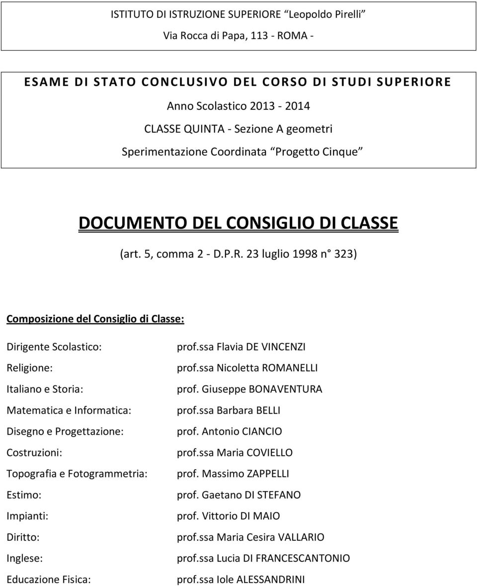 23 luglio 1998 n 323) Composizione del Consiglio di Classe: Dirigente Scolastico: Religione: Italiano e Storia: Matematica e Informatica: Disegno e Progettazione: Costruzioni: Topografia e