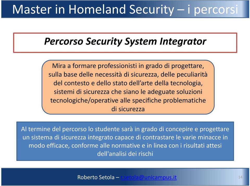 specifiche problematiche di sicurezza Al termine del percorso lo studente sarà in grado di concepire e progettare unsistema disicurezza integrato capace