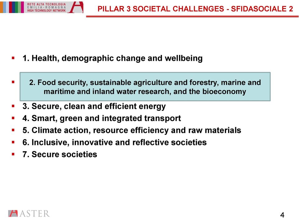 the bioeconomy 3. Secure, clean and efficient energy 4. Smart, green and integrated transport 5.