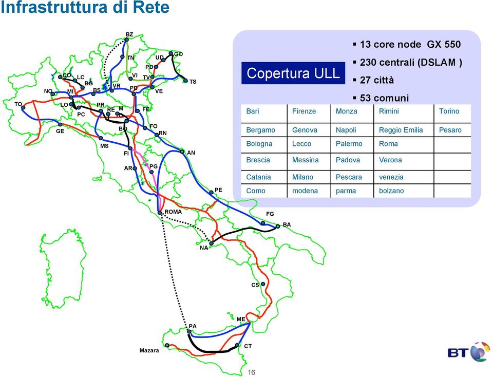 MANCUSO 24 23 22 POMARICO 20 ROSETO CAPO SPULICO TO NO CO MI LO LC BG BS PC VR PR RE M O BZ TN VI PD UD PD TV VE FE GO TS Copertura ULL! 13 core node GX 550! 230 centrali (DSLAM )! 27 città!