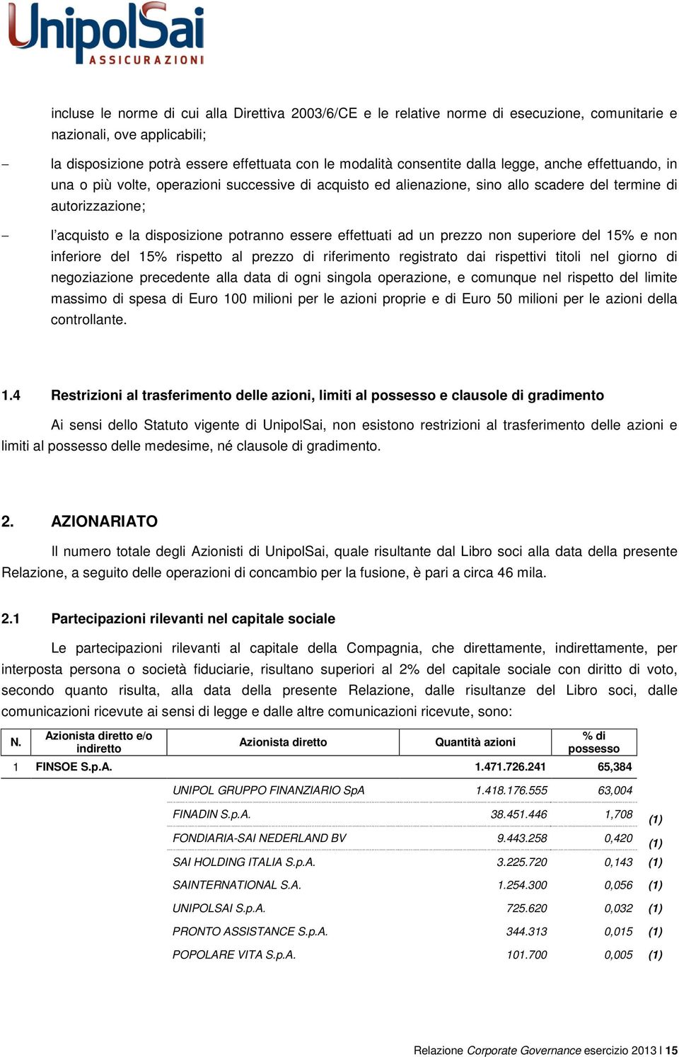 effettuati ad un prezzo non superiore del 15% e non inferiore del 15% rispetto al prezzo di riferimento registrato dai rispettivi titoli nel giorno di negoziazione precedente alla data di ogni