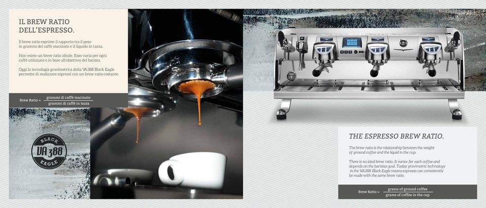 Brew Ratio = grammi di caffè macinato grammi di caffè in tazza THE ESPRESSO BREW RATIO. The brew ratio is the relationship between the weight of ground coffee and the liquid in the cup.