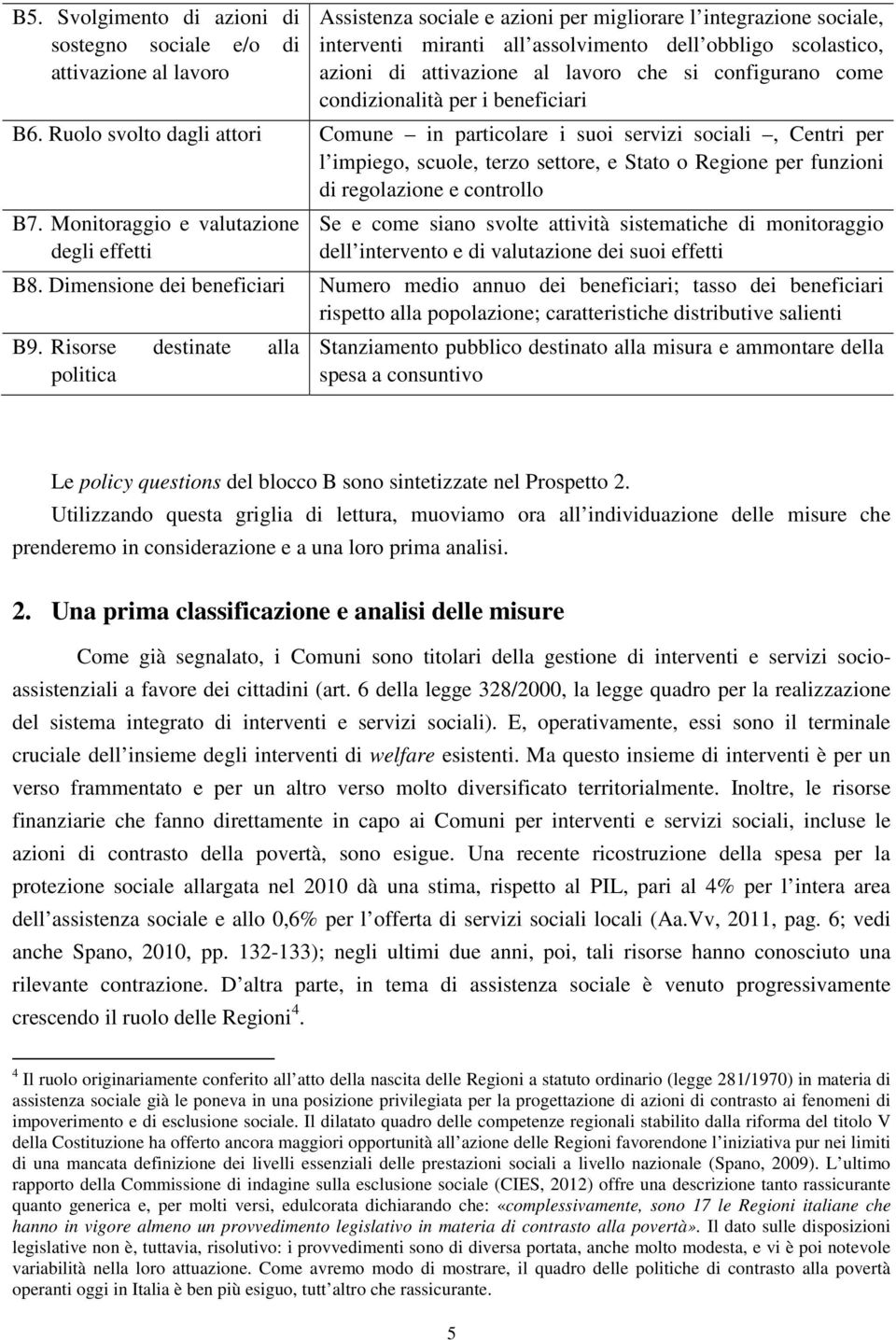 Ruolo svolto dagli attori Comune in particolare i suoi servizi sociali, Centri per l impiego, scuole, terzo settore, e Stato o Regione per funzioni di regolazione e controllo B7.