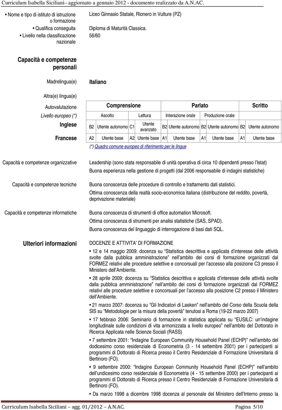 Inglese B2 Utente autonomo C1 Utente avanzato B2 Utente autonomo B2 Utente autonomo B2 Utente autonomo Francese A2 Utente base A2 Utente base A1 Utente base A1 Utente base A1 Utente base (*) Quadro