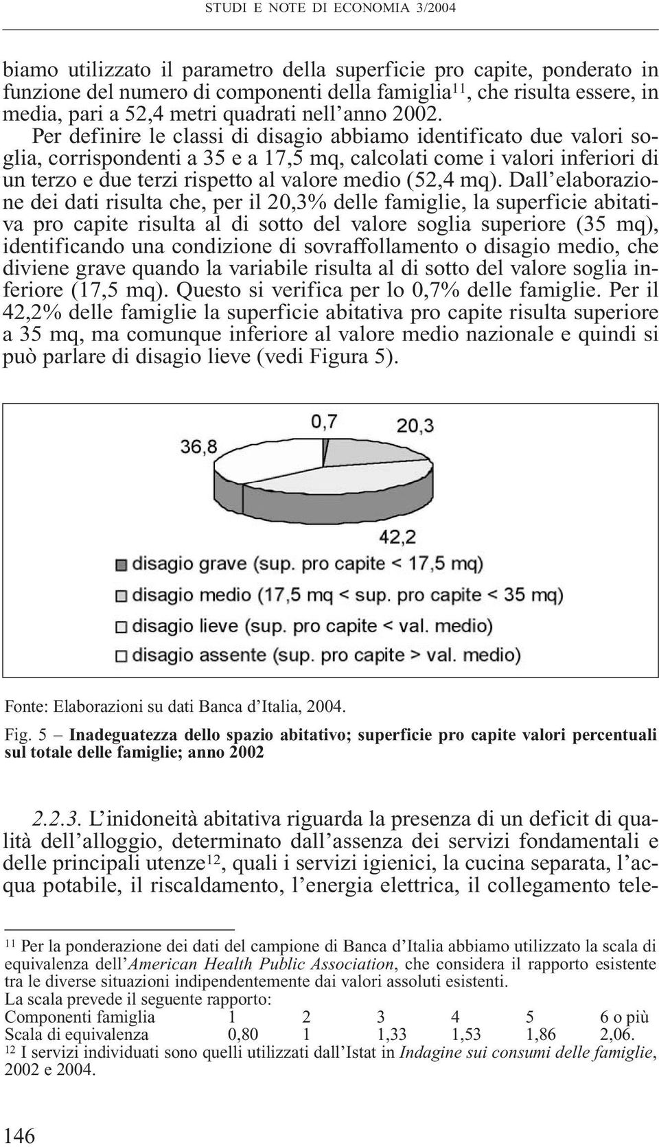 Per definire le classi di disagio abbiamo identificato due valori soglia, corrispondenti a 35 e a 17,5 mq, calcolati come i valori inferiori di un terzo e due terzi rispetto al valore medio (52,4 mq).