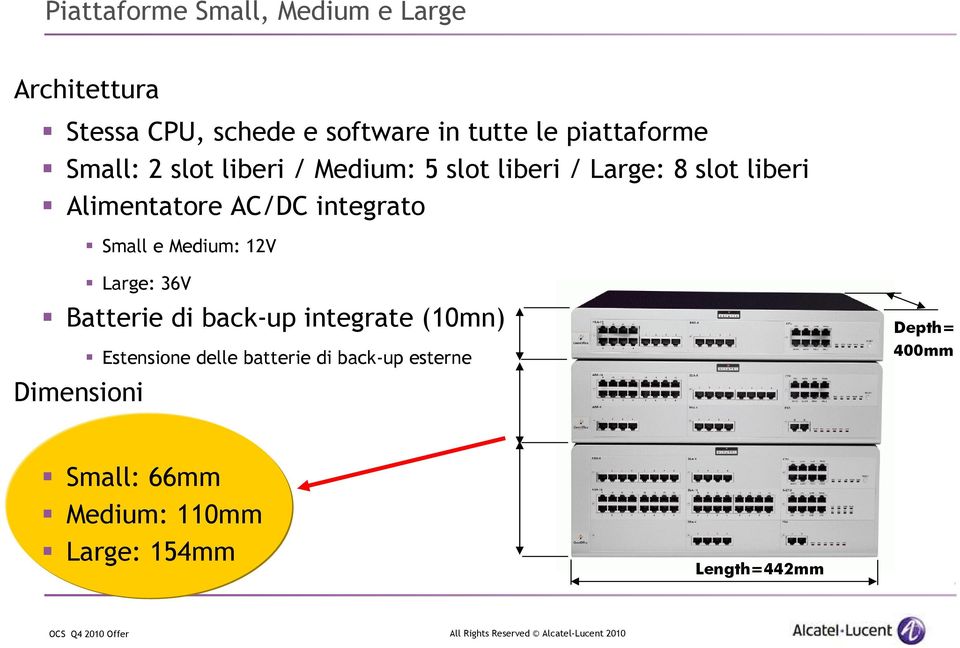 AC/DC integrato Small e Medium: 12V Large: 36V Batterie di back-up integrate (10mn) Dimensioni