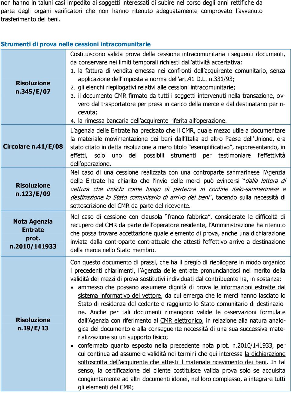 19/e/13 Costituiscono valida prova della cessione intracomunitaria i seguenti documenti, da conservare nei limiti temporali richiesti dall attività accertativa: 1.