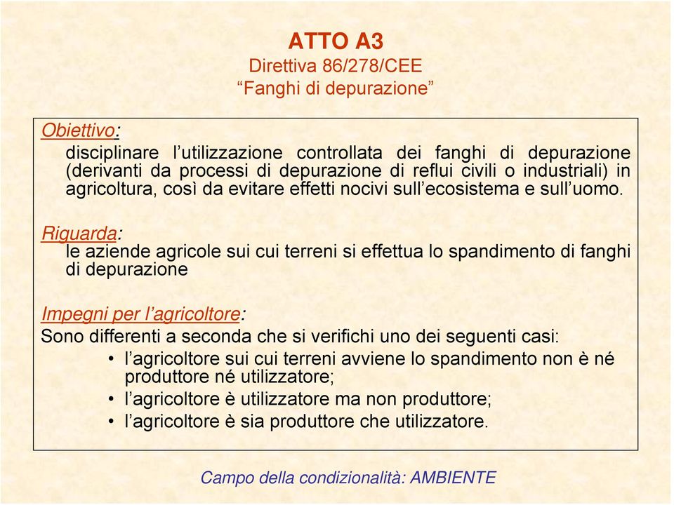 Riguarda: le aziende agricole sui cui terreni si effettua lo spandimento di fanghi di depurazione Impegni per l agricoltore: Sono differenti a seconda che si verifichi uno